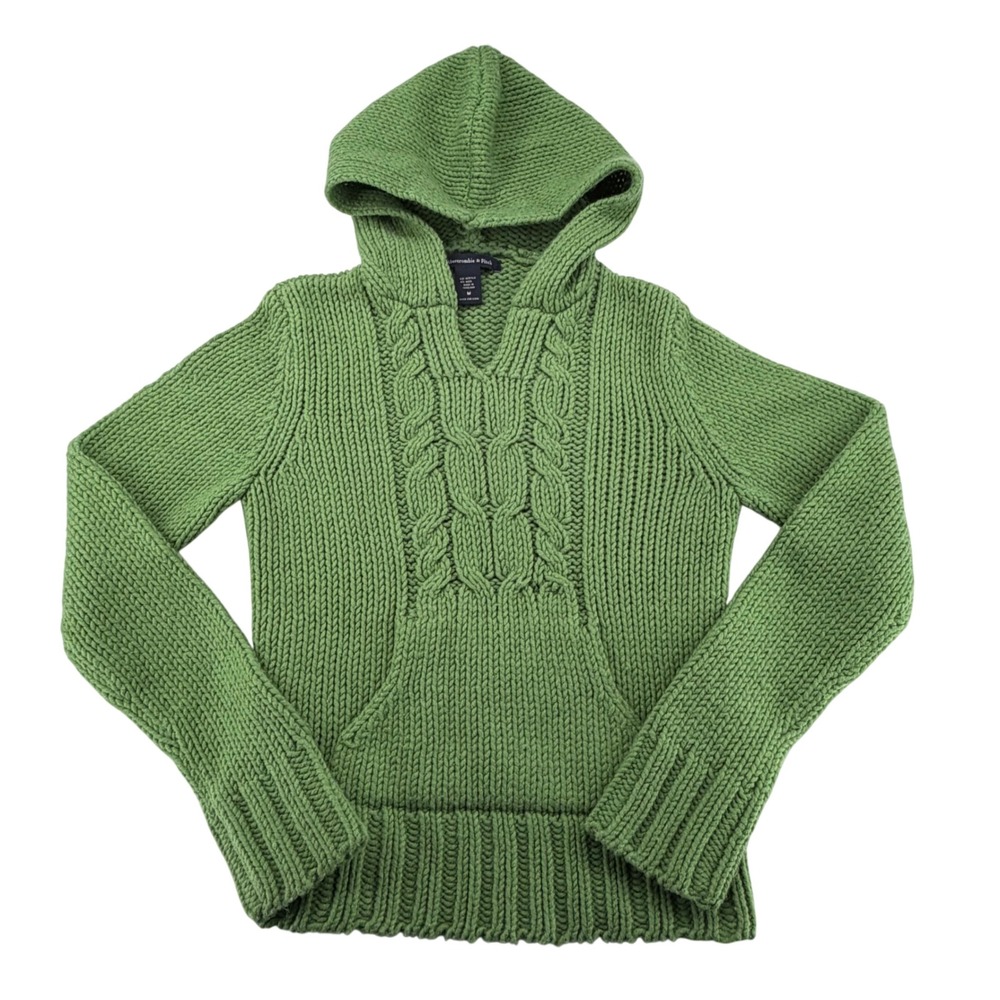 Abercrombie & Fitch Green Cable Knit Hoodie Sweater Womens Medium Wool Blend Y2K